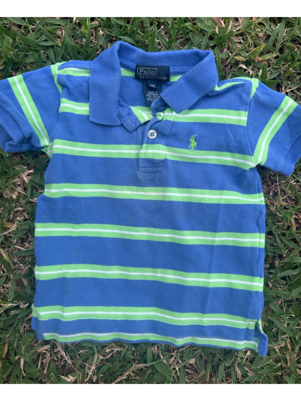 Ralph Lauren Blue Baby Polo with Lime Green Stripes 18M